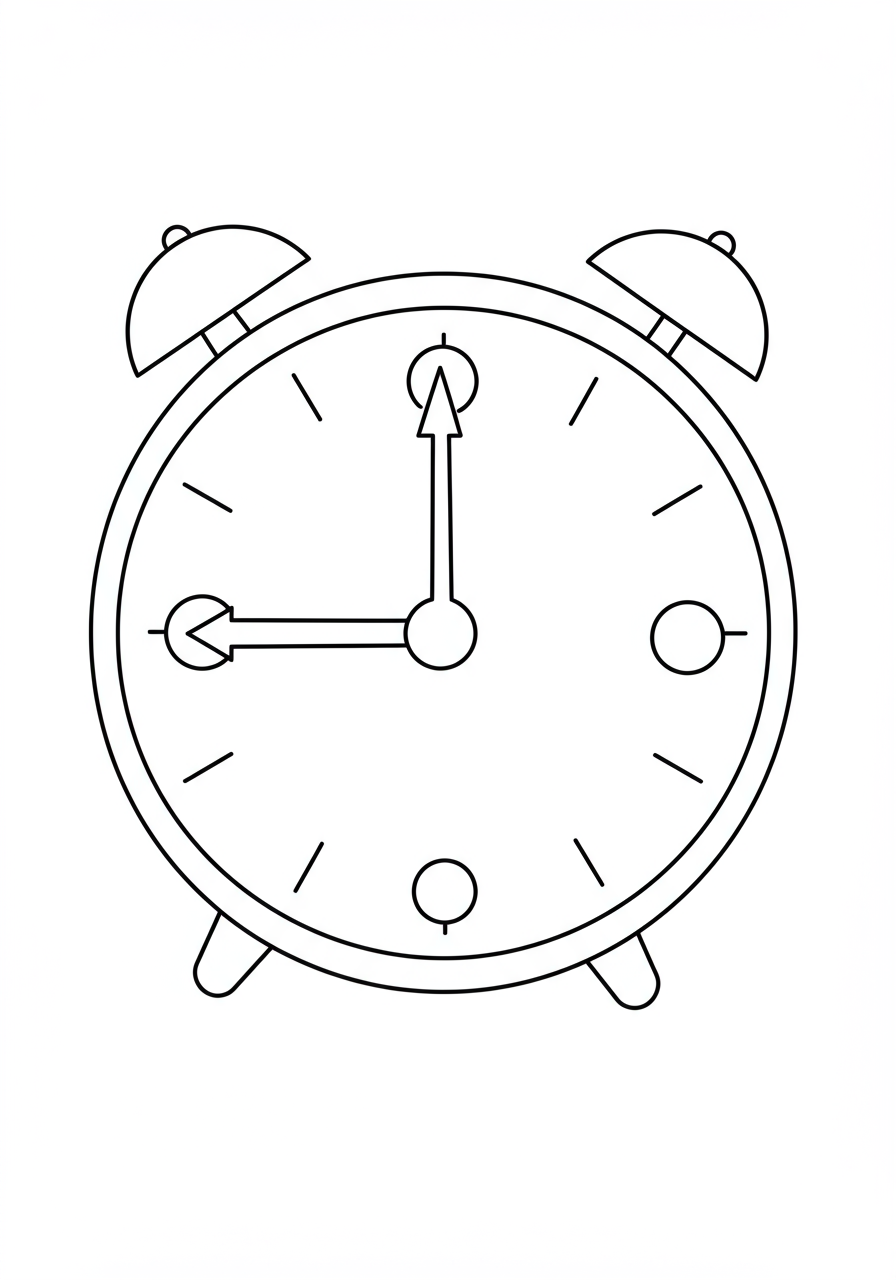 A free printable coloring page featuring a simple clock face with prominent hour and minute hands, designed for kids learning to tell time.