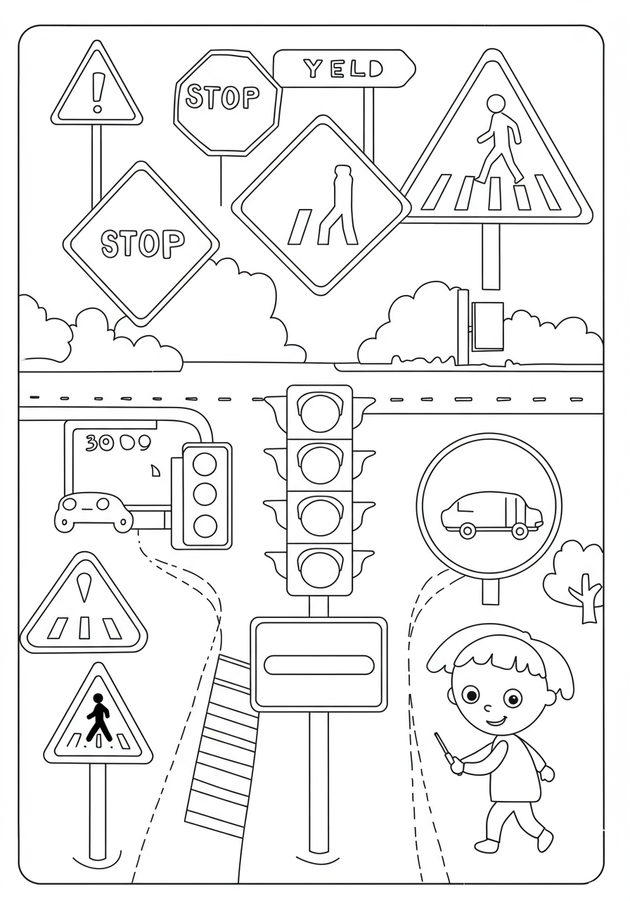 A free printable coloring page featuring various common traffic safety signs like Stop, Yield, traffic light, and pedestrian crossing, designed for kids to color and learn about road safety.