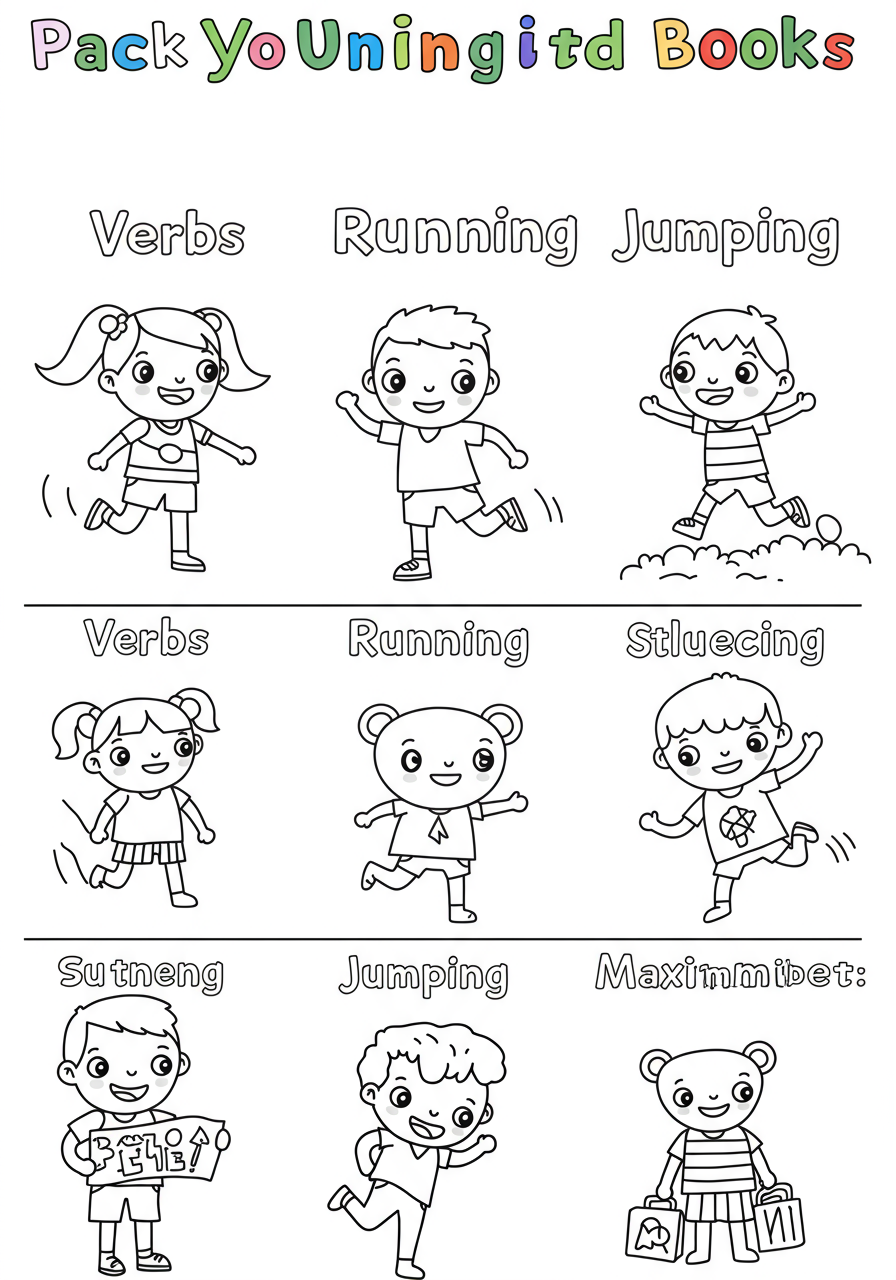 Free printable coloring page for kids showing various action verbs like running and jumping, featuring children and animals in dynamic poses.