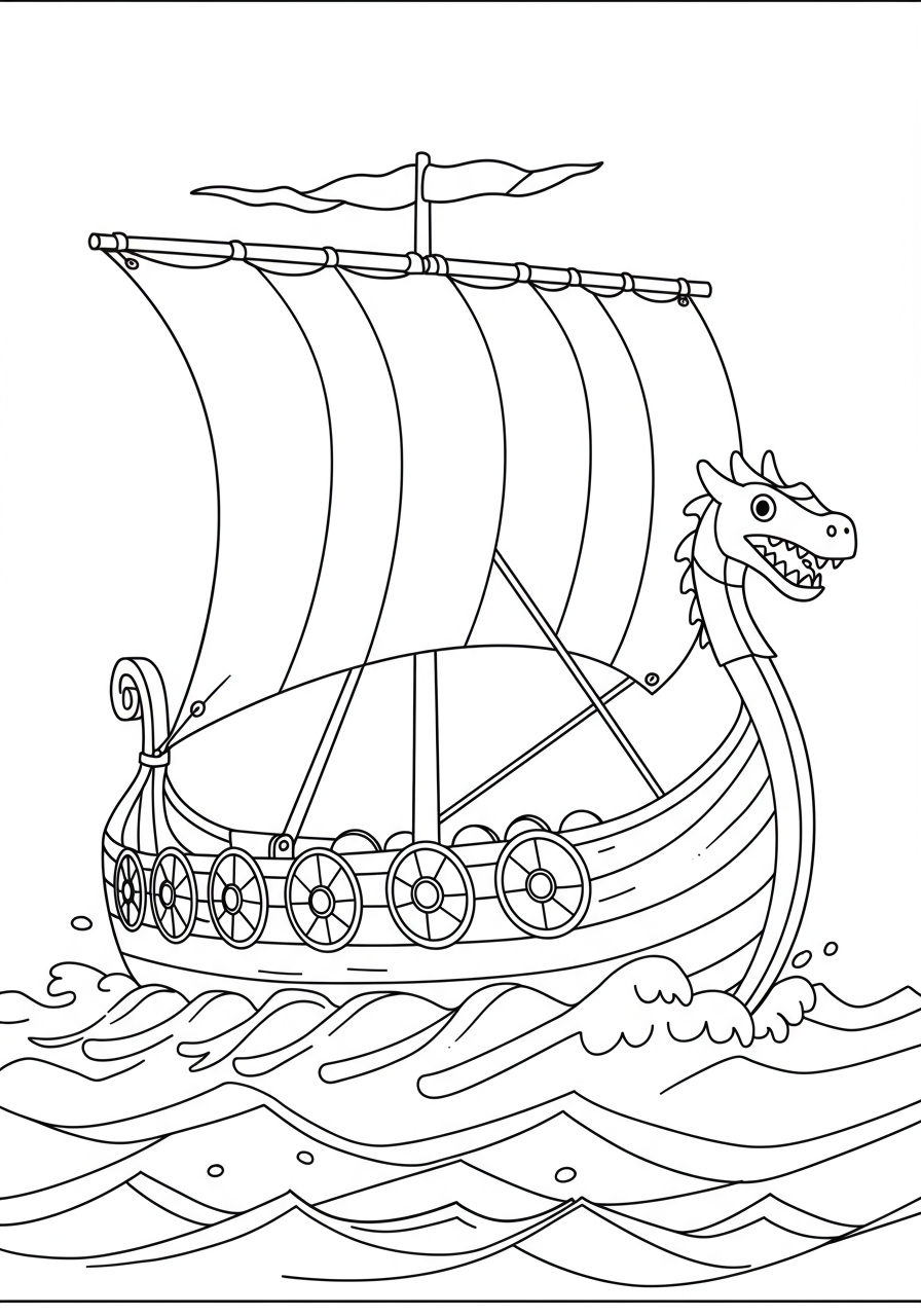 A free printable coloring page depicting an easy-to-color Viking longship sailing on waves, with a prominent sail and a dragon-shaped prow, perfect for kids.
