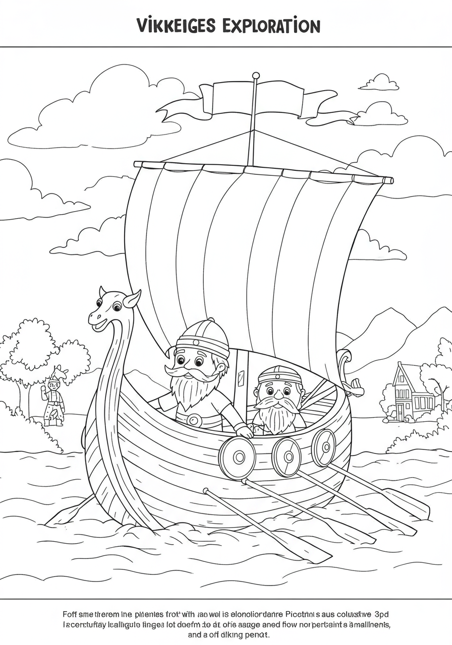 Free printable coloring page depicting a simple, easy-to-color Viking longship exploring the ocean, perfect for kids.