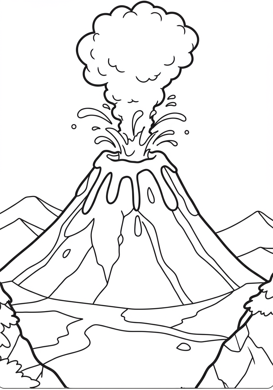 Free printable volcano erupting mountain coloring page for kids, showing a simplified cone volcano with smoke and fiery lava, perfect for educational fun.