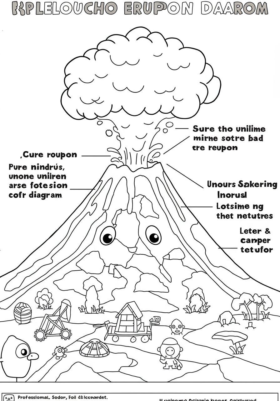 Free printable Volcano Eruption Diagram coloring page showing a cross-section of a volcano with magma chamber, vent, lava, and ash cloud for kids to color.