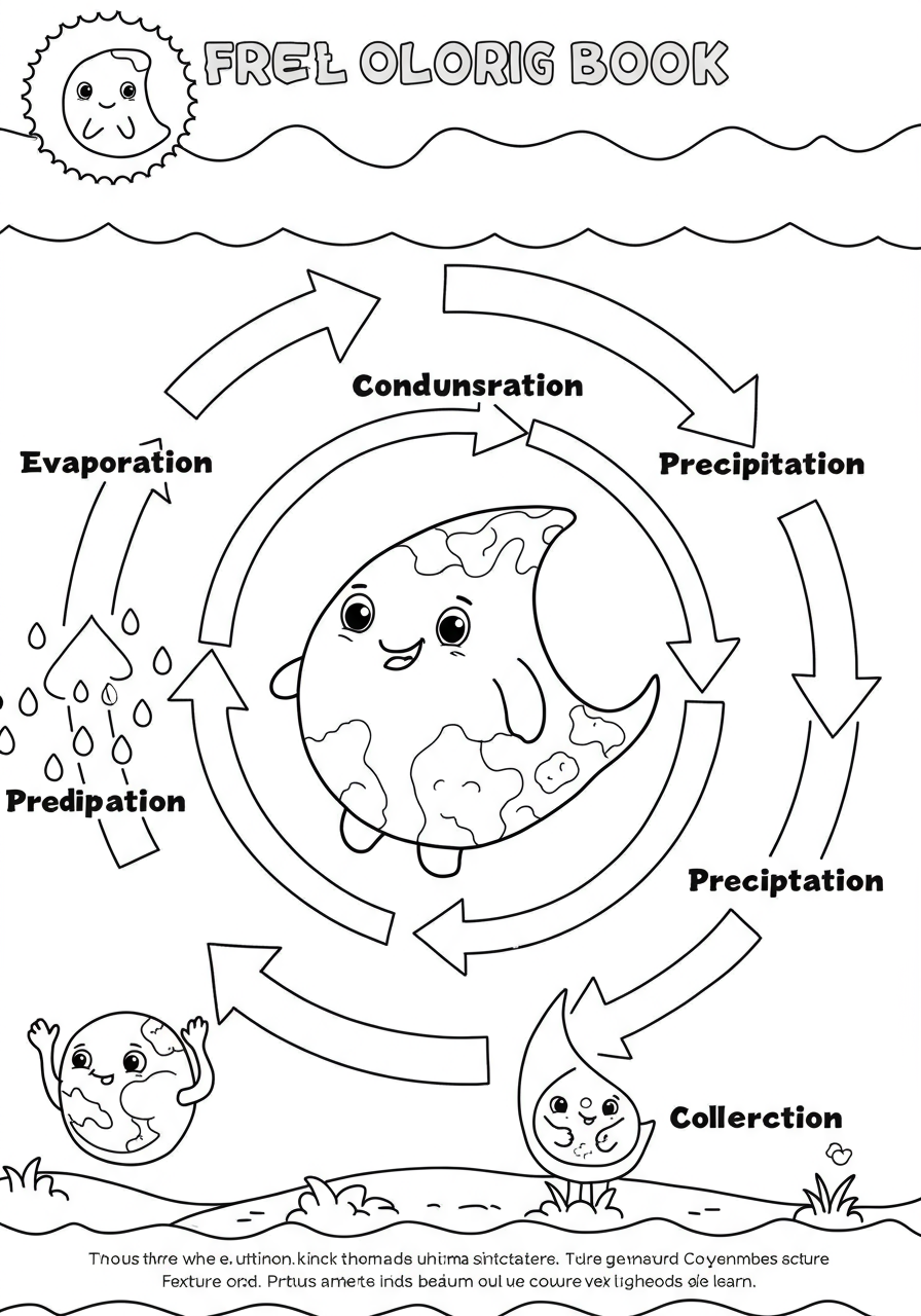 Free printable coloring page showing a simple water cycle diagram with labeled arrows illustrating evaporation, condensation, precipitation, and collection for kids to color and learn.