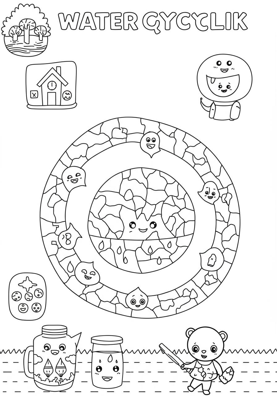 Free printable Water Cycle coloring page illustration for kids, depicting evaporation, condensation, precipitation, and collection stages with labels, ideal for educational learning.