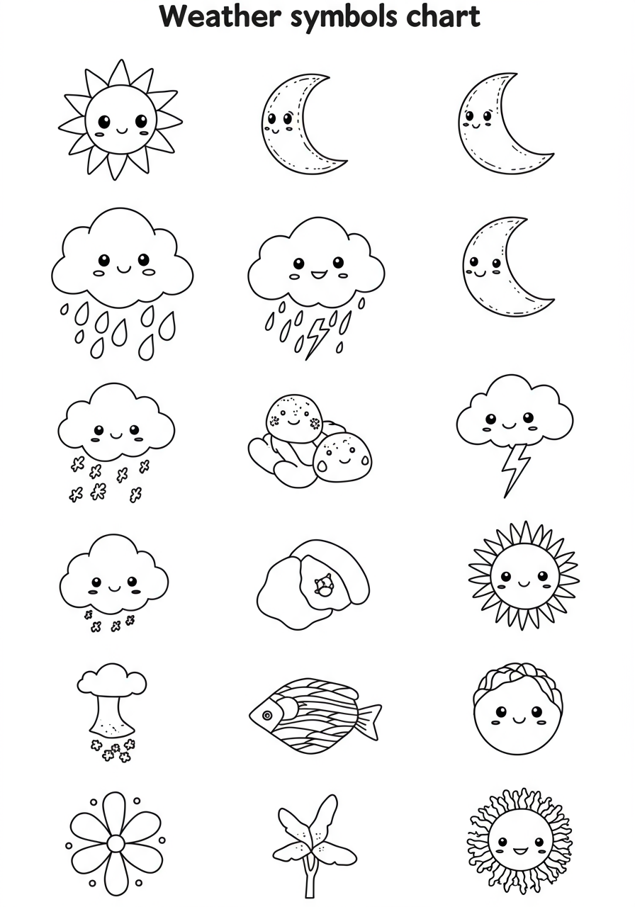 A free printable Weather Symbols Chart coloring page showing simple illustrations of sun, clouds, rain, snow, lightning, and wind for kids to color and learn.