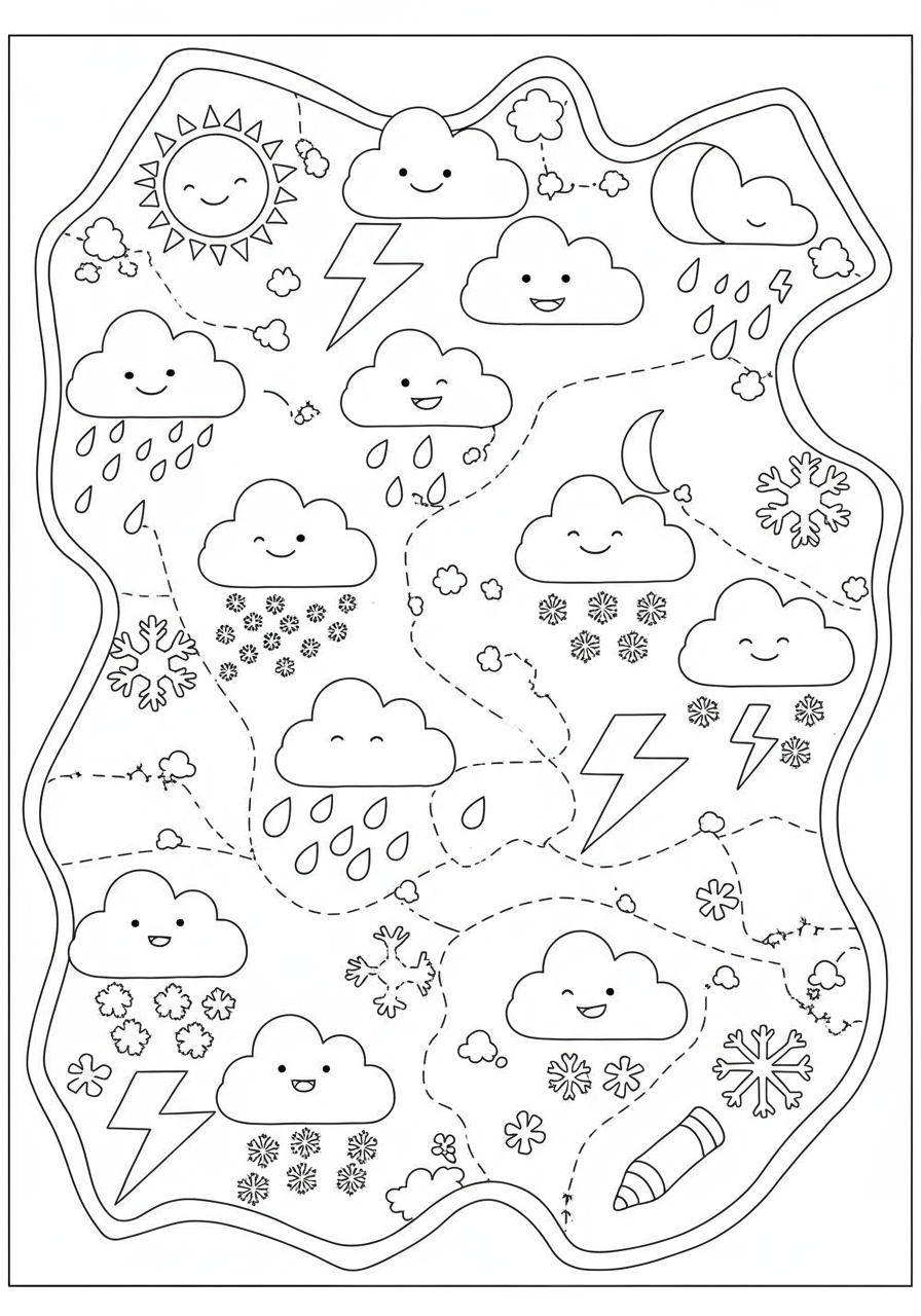 A free printable coloring page featuring various easy-to-color weather symbols arranged like a map, including sun, clouds, rain, snow, and lightning, designed for kids to learn about meteorology.