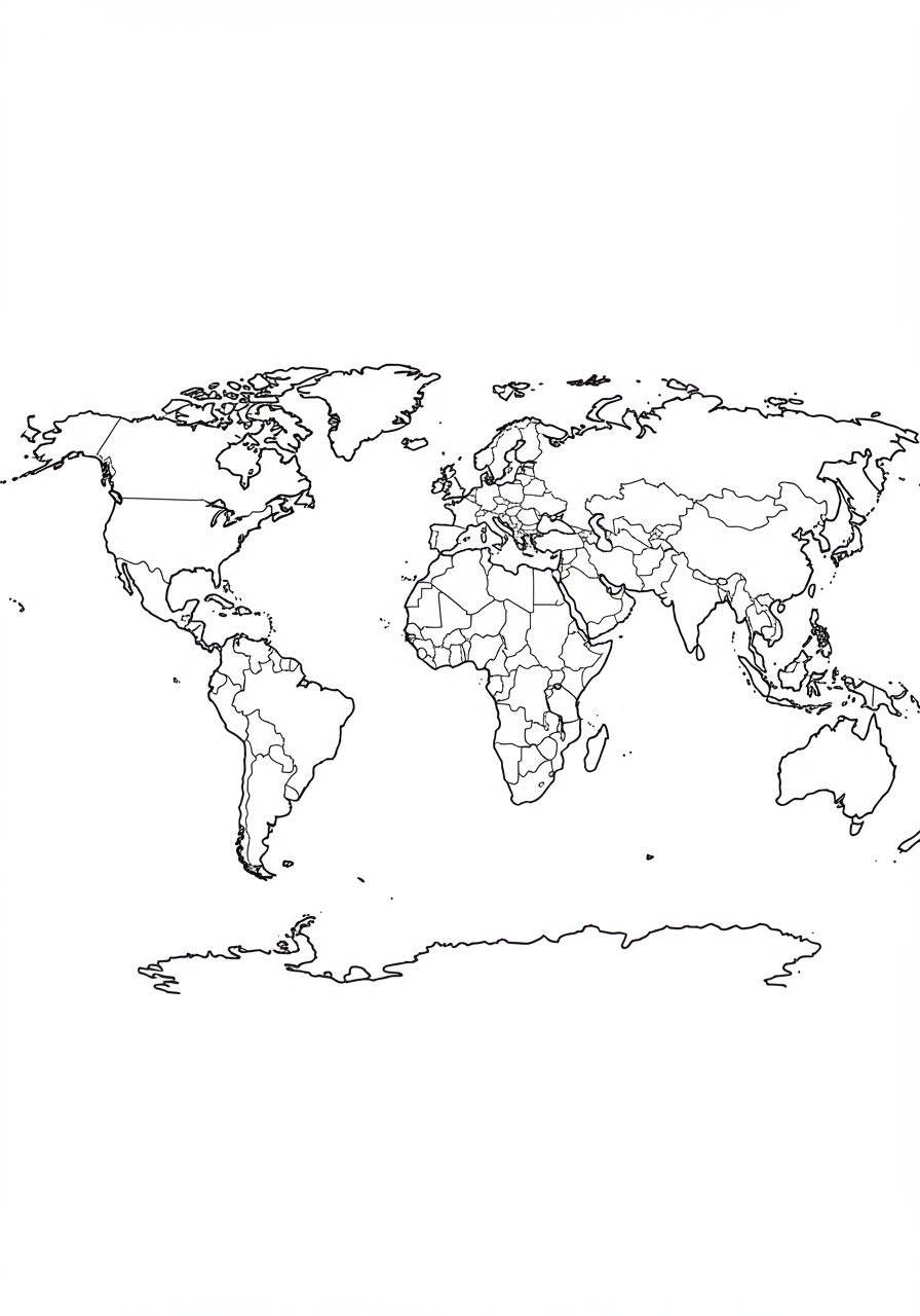 A free printable World Map Continents coloring page showing clear outlines of North America, South America, Europe, Asia, Africa, Australia, and Antarctica, perfect for kids to color and learn basic geography.