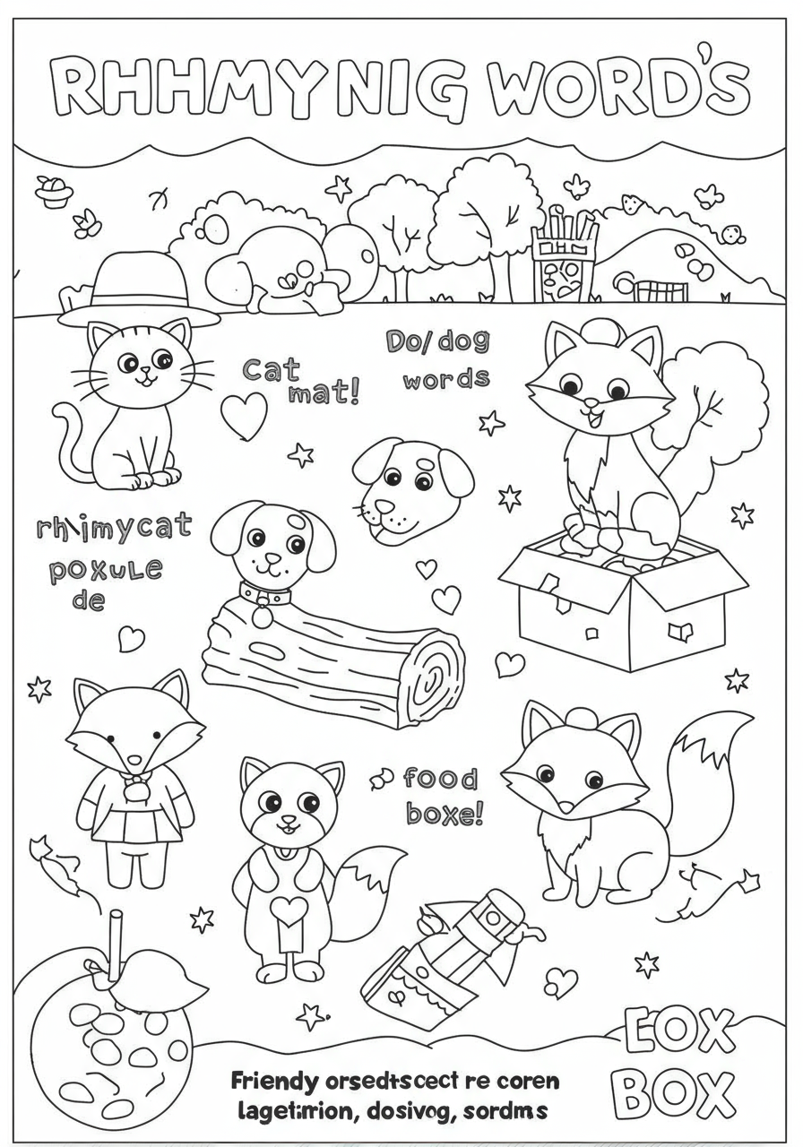 A free printable coloring page featuring various pairs of rhyming words such as cat/hat, dog/log, and fox/box, with charming illustrations for kids learning phonics and early language skills.