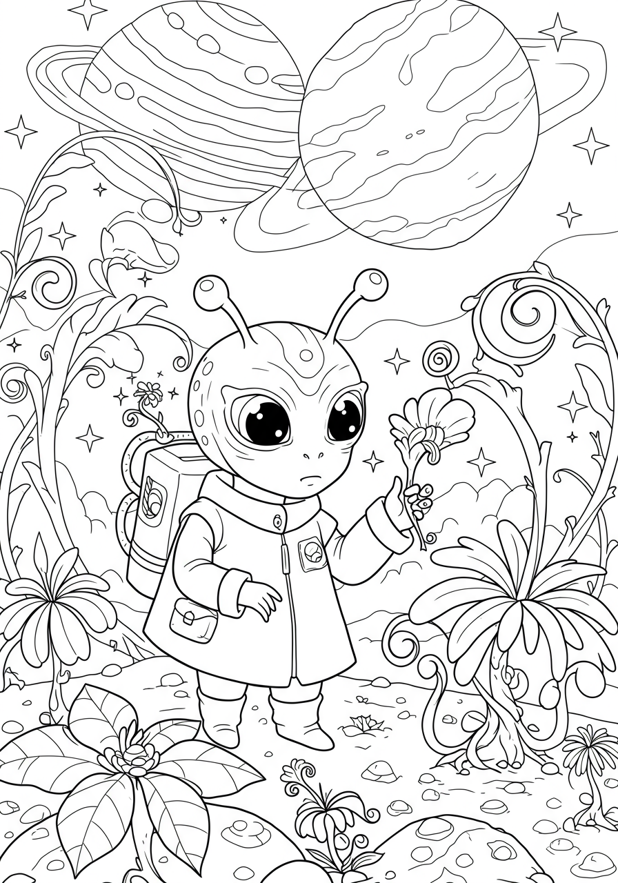 An illustration of an alien botanist with large eyes and antennae, examining strange, whimsical plants on an alien planet. Free printable coloring page for kids.