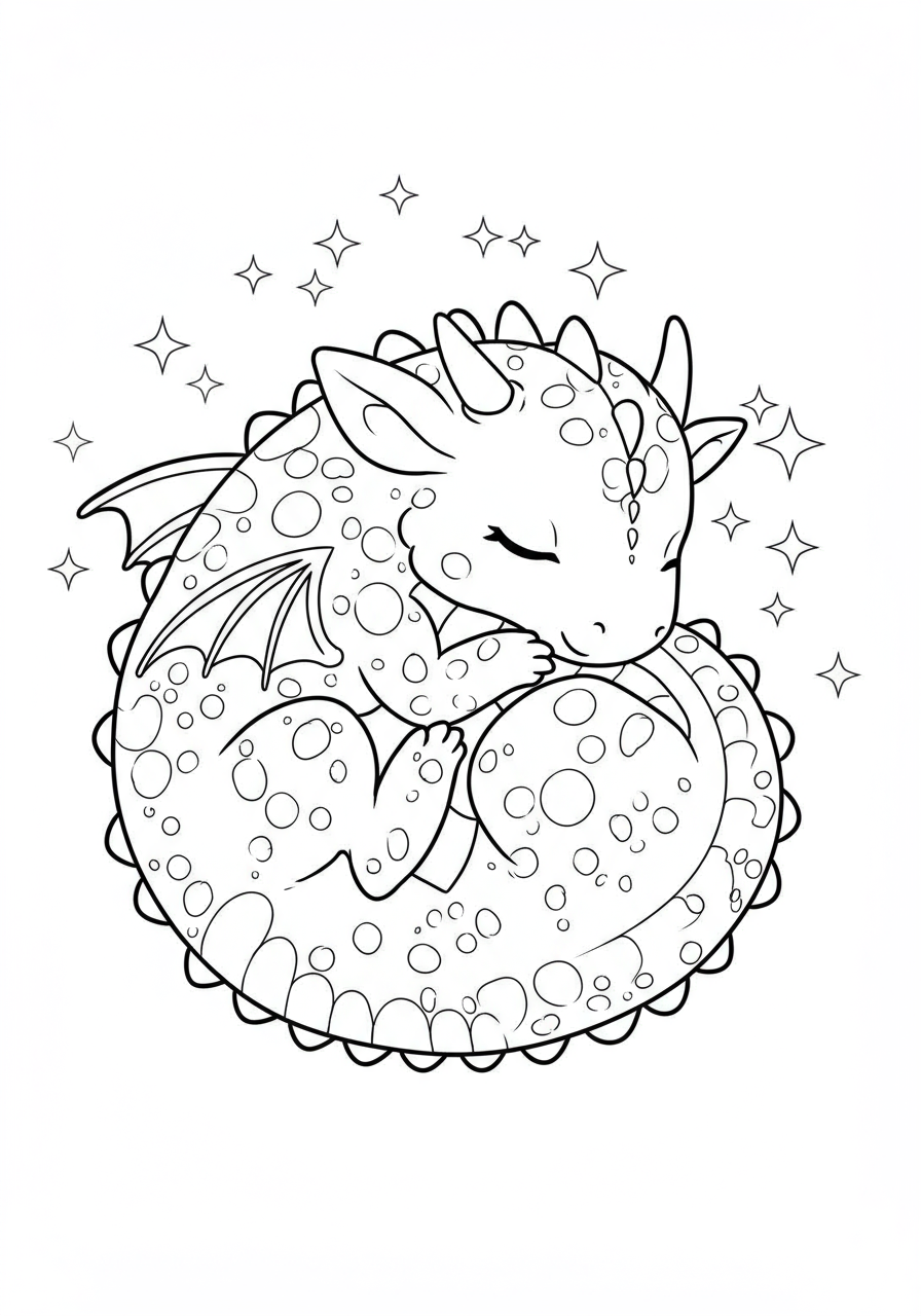 A free printable coloring page featuring a cute baby dragon curled up and sleeping peacefully, perfect for kids.