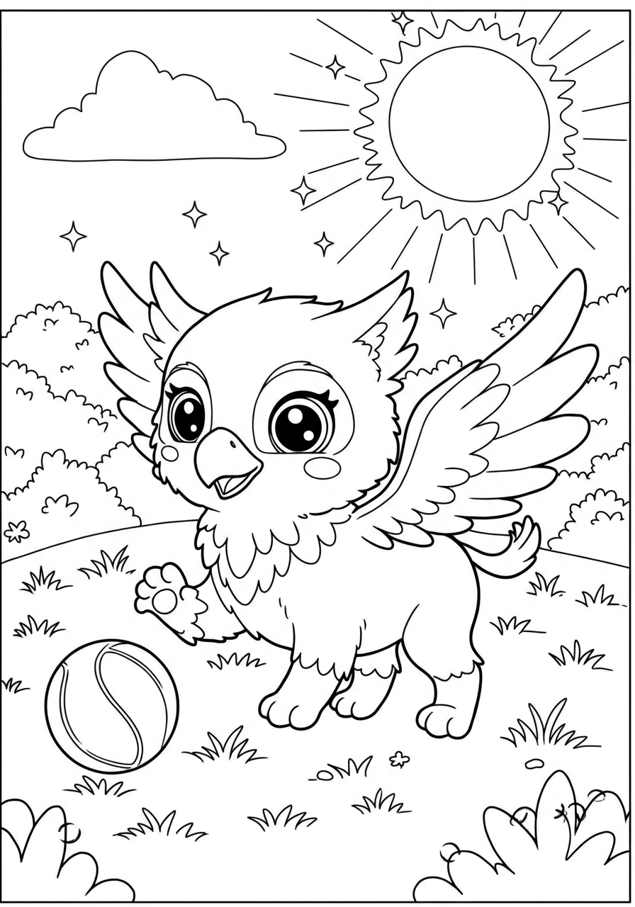 Free printable coloring page featuring a cute baby griffin with lion body and eagle head, playing fetch with a ball in a grassy field under a sunny sky. Easy fantasy drawing for kids.