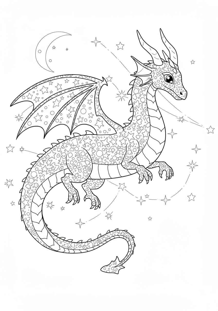 A free printable coloring page featuring an easy-to-color celestial dragon constellation made of stars, set against a simple night sky background, perfect for kids.
