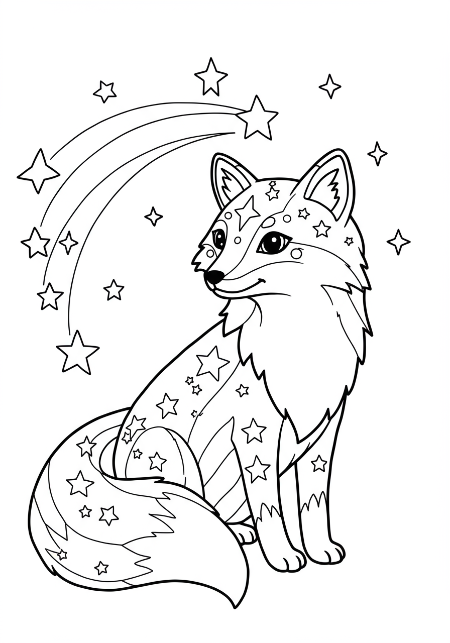 Free printable coloring page featuring an easy celestial fox with stars, perfect for kids who love fantasy and space.