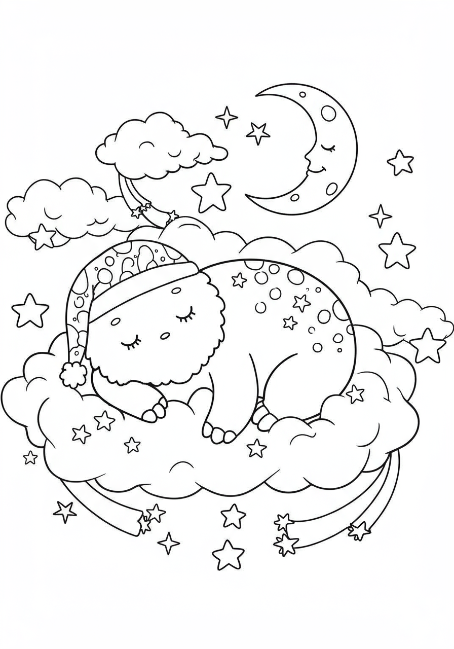 A free printable coloring page depicting a large, friendly cloud giant sleeping peacefully on fluffy clouds, surrounded by twinkling stars and a crescent moon. Easy difficulty for kids.