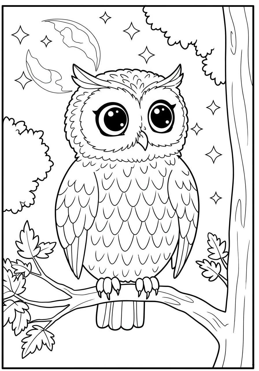 A free printable coloring page showing a friendly cosmic owl with large eyes quietly stargazing at a starry night sky while perched on a tree branch, easy difficulty for kids.