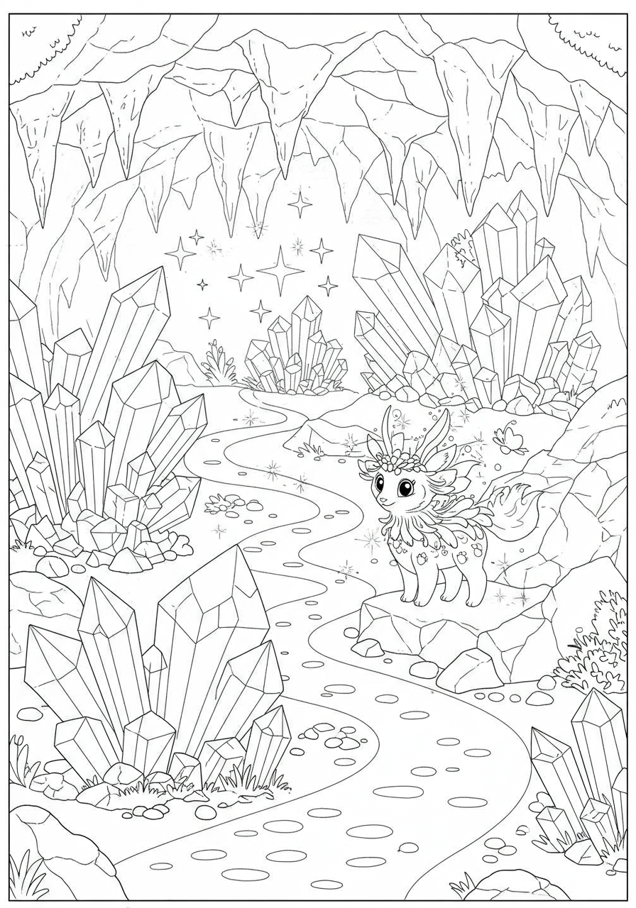 A free printable coloring page depicting a magical crystal cave glowing brightly with numerous large, faceted crystals and a winding path, perfect for kids.