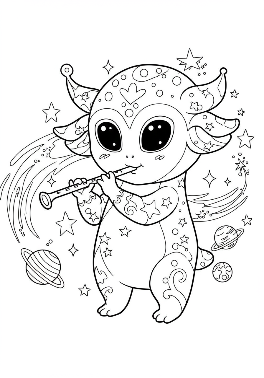 Free printable coloring page featuring a cute, friendly alien with big eyes, playing a simple flute, surrounded by stars and small planets. Ideal for kids.
