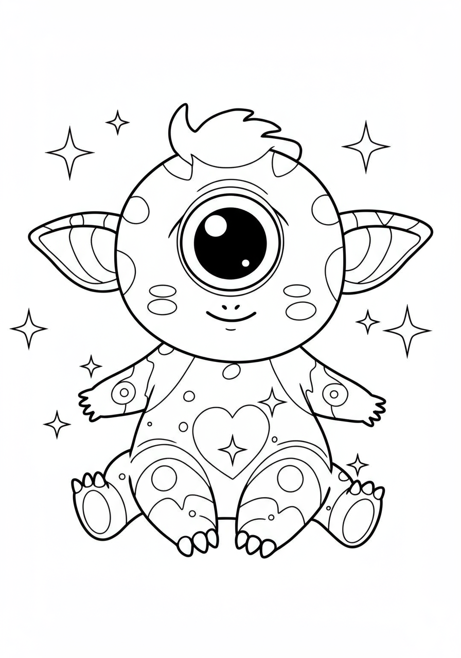 An adorable, friendly free printable coloring page featuring a smiling baby cyclops with one large, round eye, perfect for kids to color.