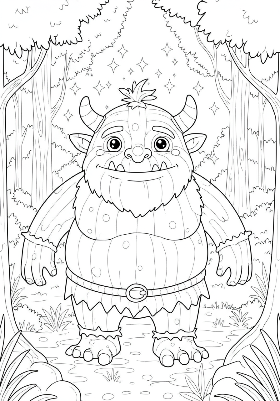 A free printable coloring page depicting a friendly, cute ogre gentle giant smiling in a forest, ready for kids to color.