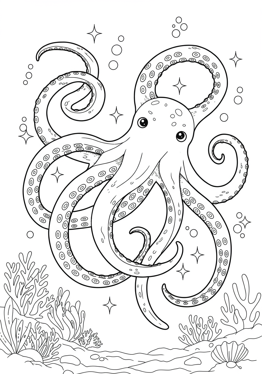 Free printable coloring page featuring easy-to-color deep sea kraken tentacles reaching through the ocean, perfect for kids.