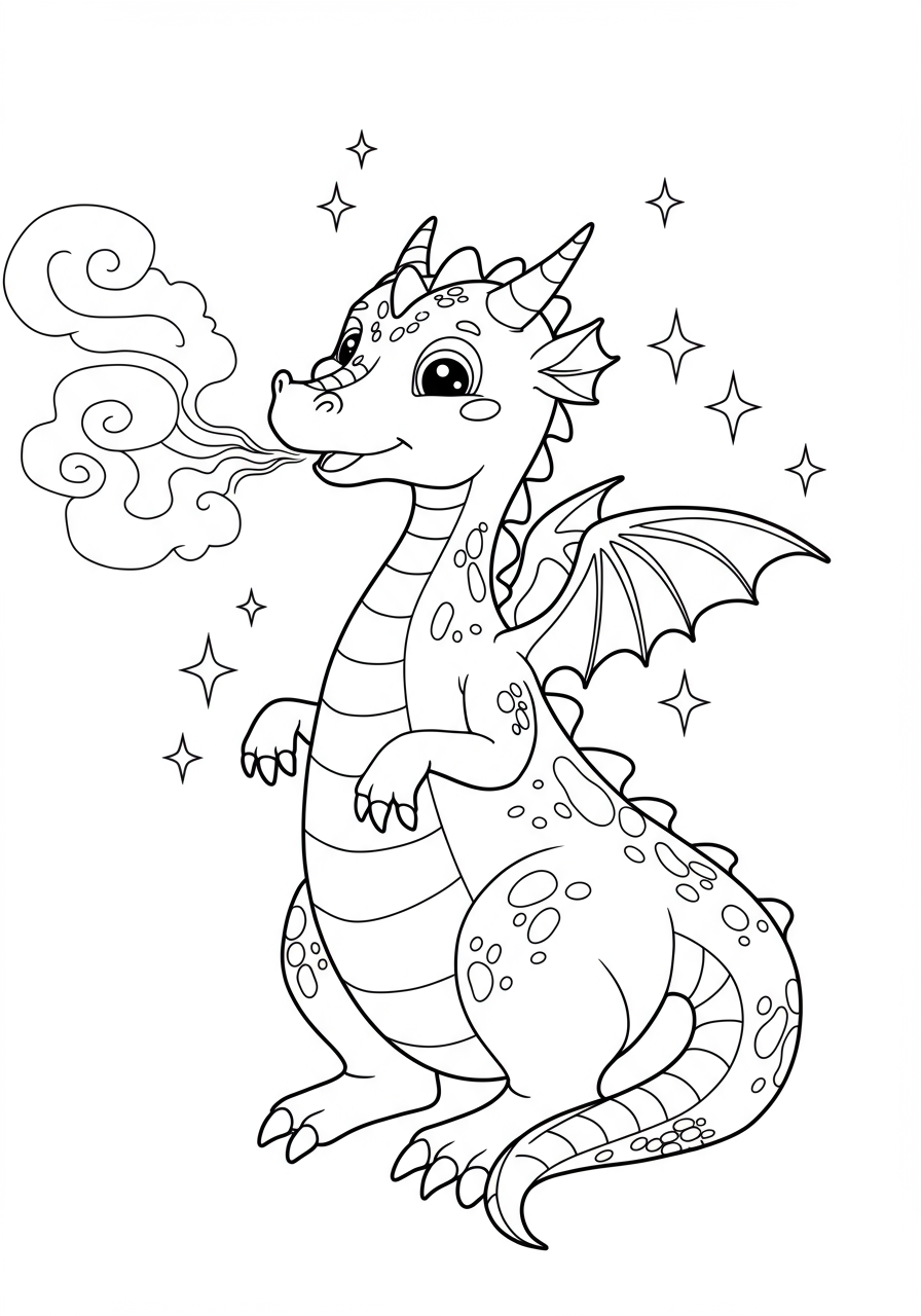 A free printable coloring page featuring a friendly dragon gently breathing wisps of smoke, perfect for kids.