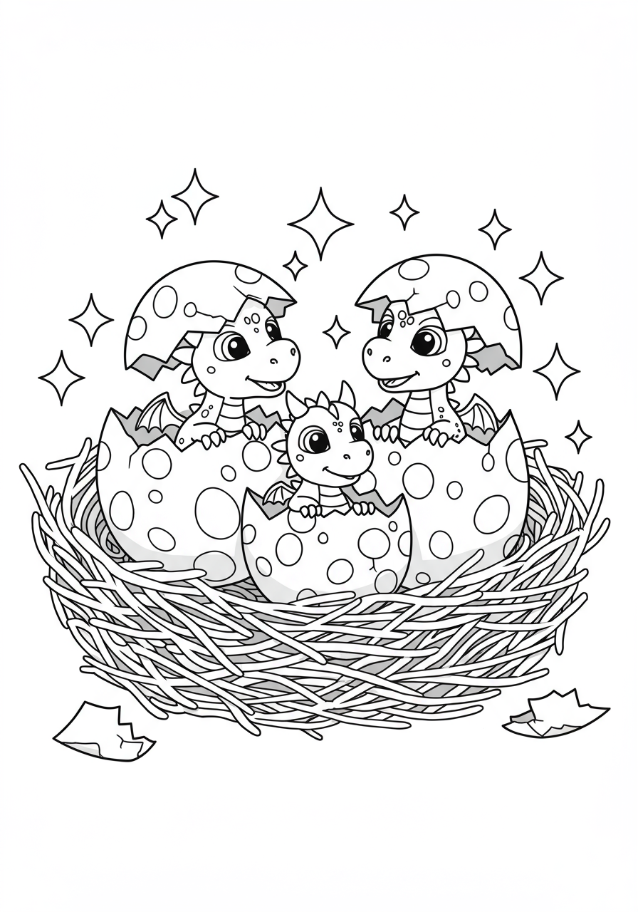 An easy free printable coloring page depicting a dragon eggs hatching nest, with baby dragons emerging from cracked eggs in a cozy, detailed nest.