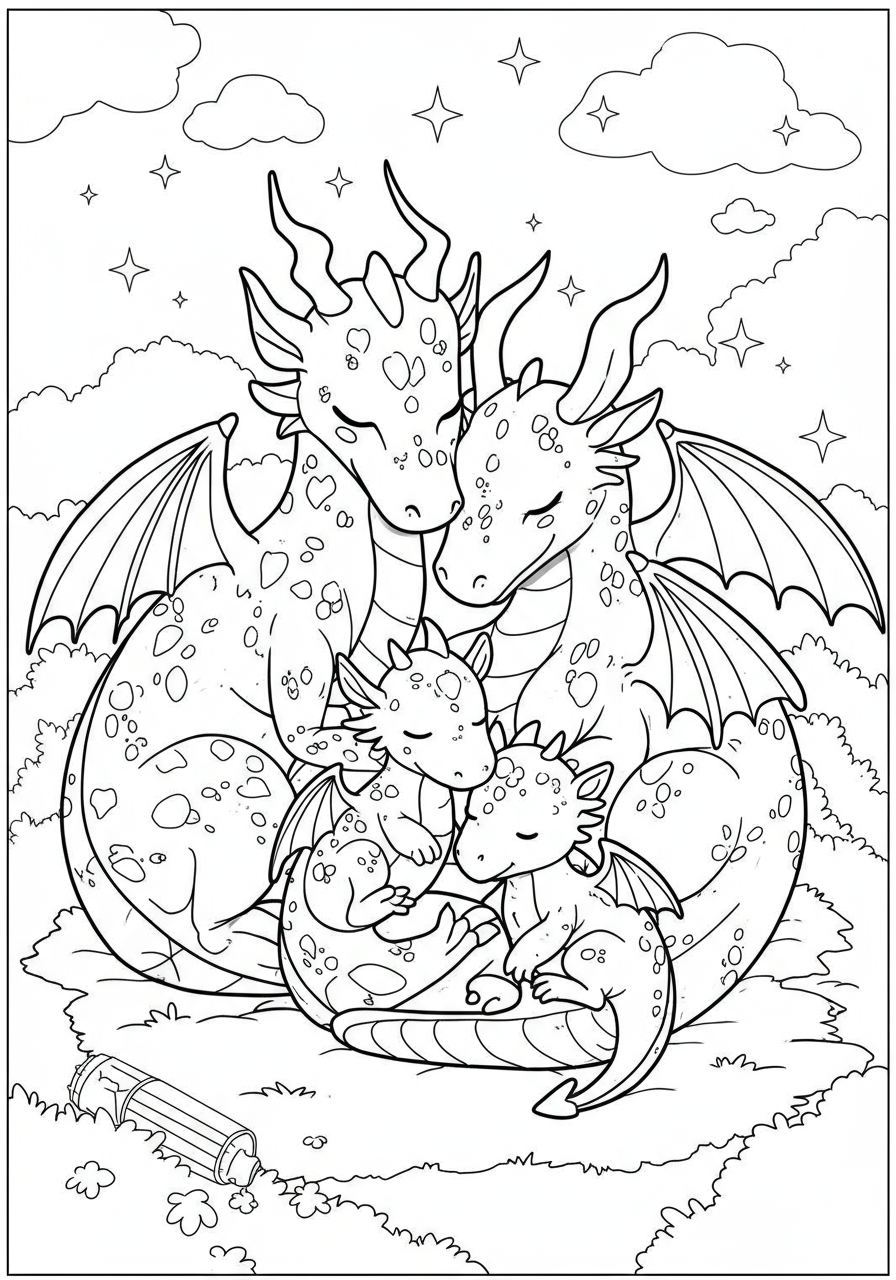 A heartwarming free printable coloring page showing a mother dragon, father dragon, and baby dragons cuddling together, sleeping or napping happily in a cozy fantasy setting.
