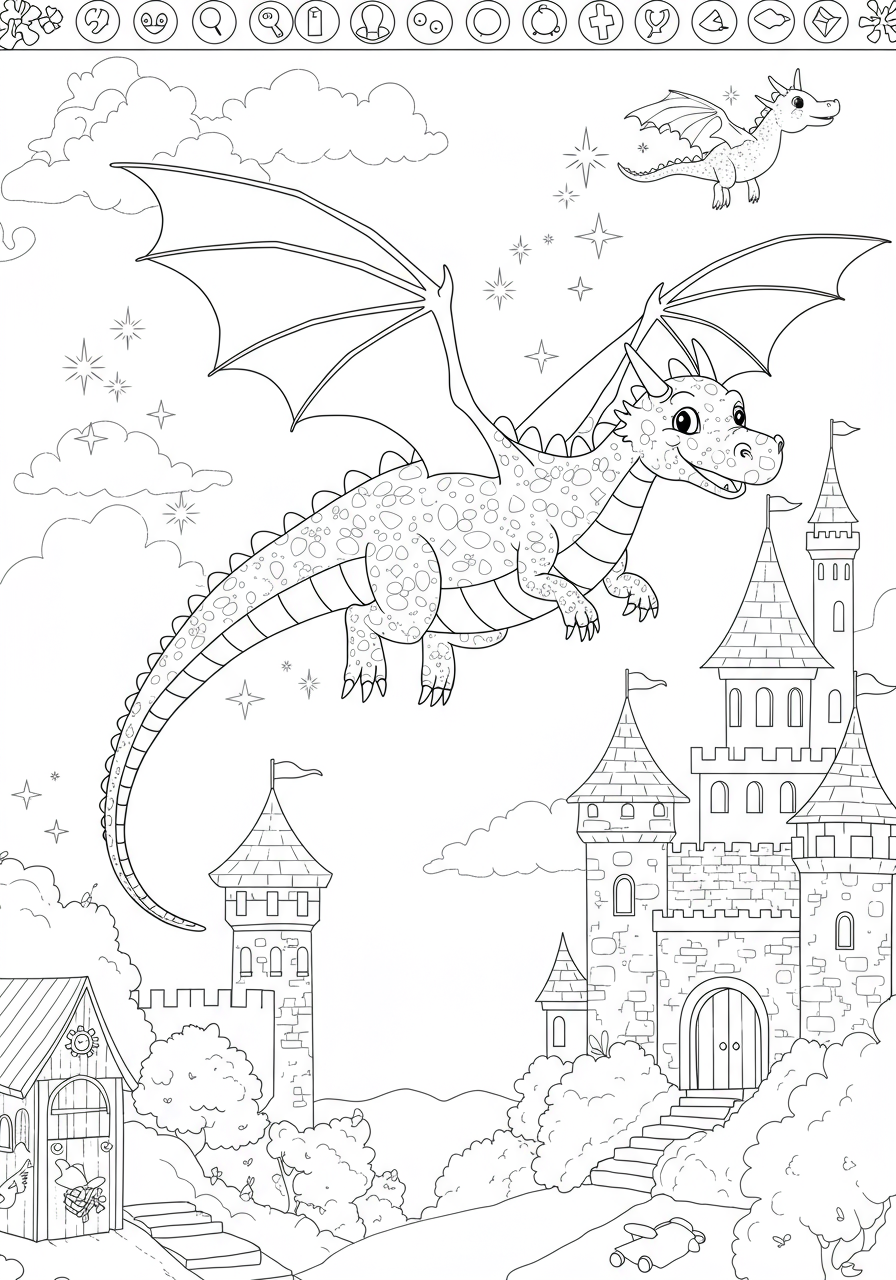 Free printable coloring page featuring a friendly dragon with large wings flying over a detailed fantasy castle, designed for easy coloring by kids.