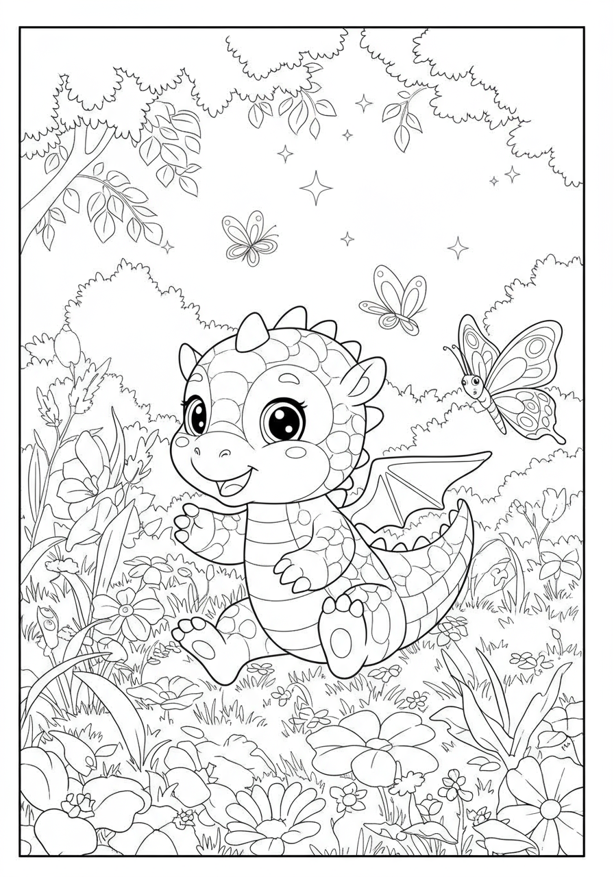 A free printable coloring page depicting an adorable baby dragon hatchling playfully chasing a vibrant butterfly through a whimsical garden scene, perfect for young artists.