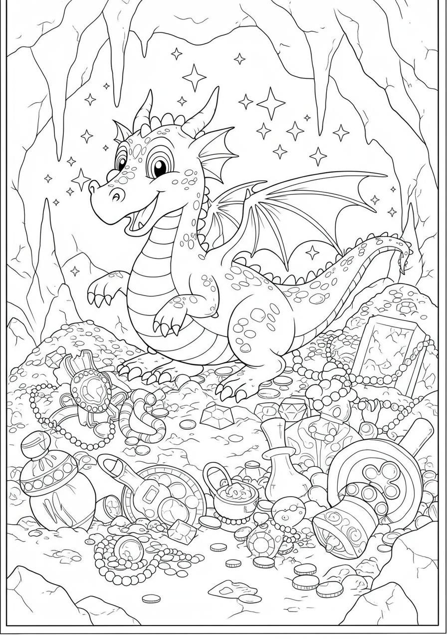 Free printable Dragon Hoard Treasure coloring page for kids, showing a friendly dragon surrounded by piles of gold coins, jewels, and ancient artifacts in a cave.
