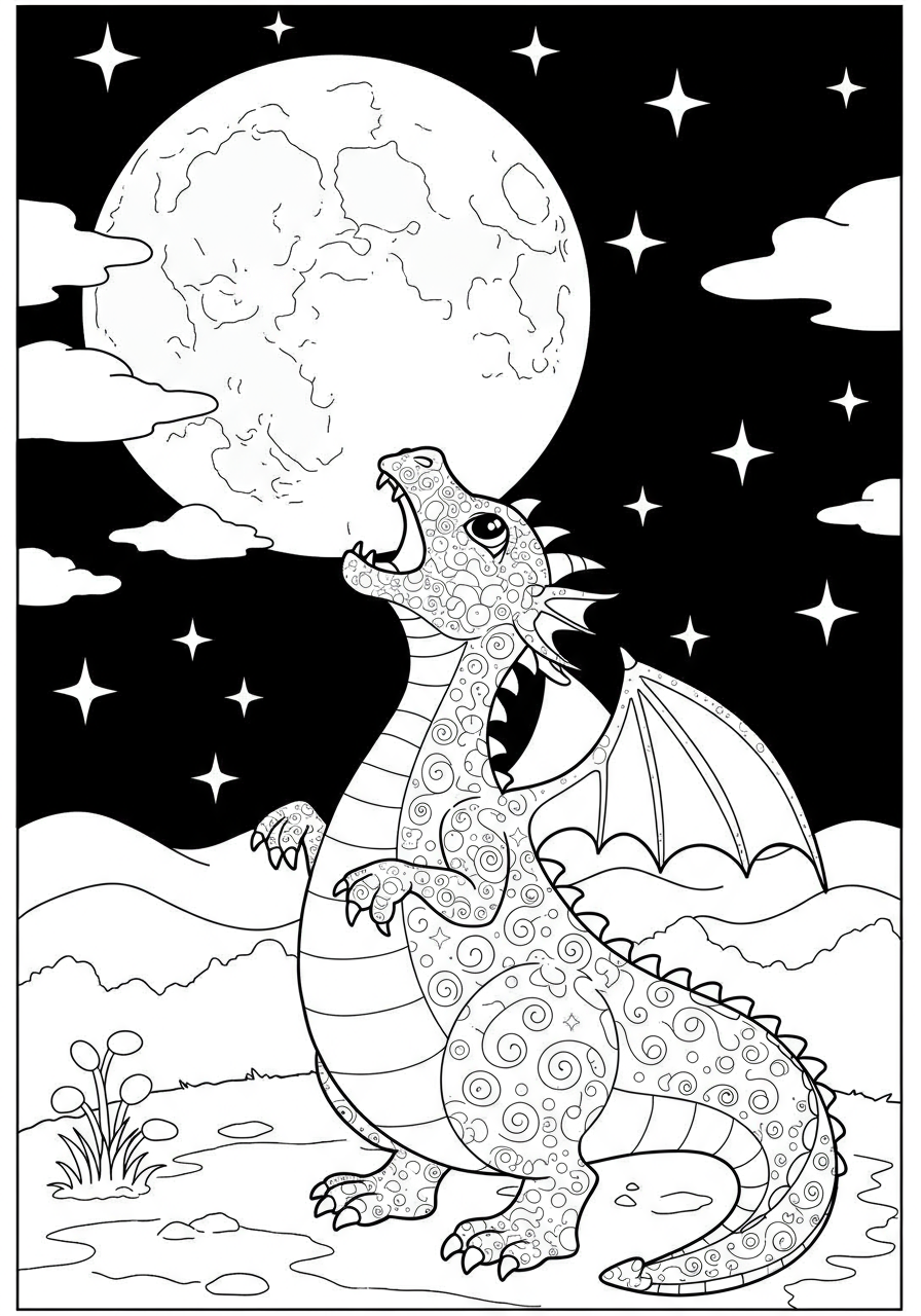 Free printable coloring page featuring a friendly dragon roaring up at a large, bright moon against a starry night sky. Perfect fantasy coloring fun for kids.
