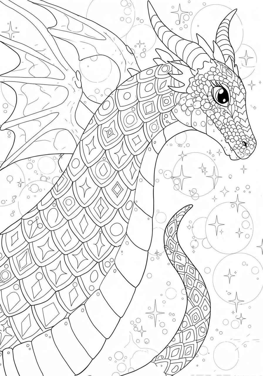 Free printable coloring page featuring intricate yet easy-to-color dragon scales designed with jewel patterns, perfect for kids.
