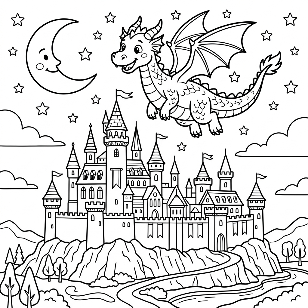 A free printable coloring page for kids depicting a friendly dragon with large wings soaring over a majestic castle under a glowing full moon, ready for easy coloring.