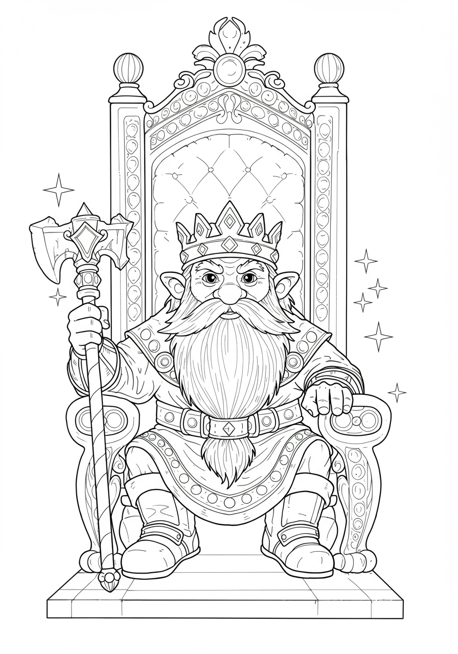 A free printable coloring page featuring a majestic dwarf king seated on his grand, decorated throne, perfect for kids who love fantasy adventures.