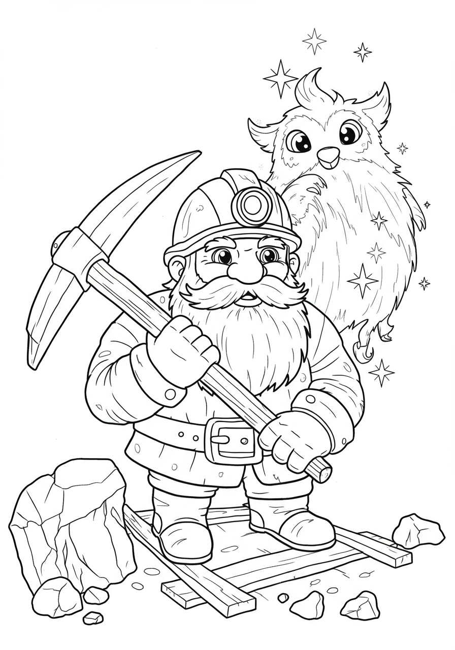 An easy free printable coloring page featuring a friendly dwarf miner with a big beard, helmet, and a pickaxe, ready for an adventure in a mine.