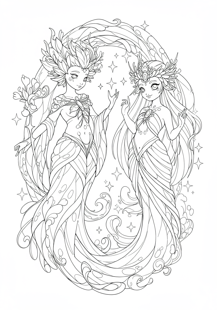 Free printable coloring page featuring a whimsical Earth Elemental Spirit and a graceful Water Elemental Spirit intertwined, perfect for kids' fantasy coloring.