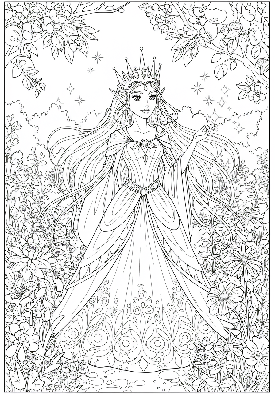 Free printable Elf Queen in Garden coloring page for kids, showing a regal elf queen surrounded by magical flowers and whimsical plants, perfect for fantasy lovers.