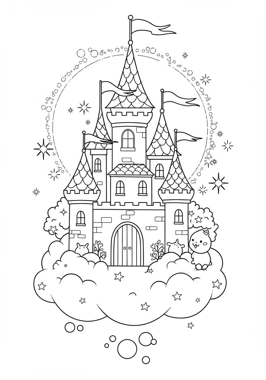 Free printable coloring page featuring a whimsical enchanted castle floating on a fluffy cloud, perfect for children to color and imagine magical stories.