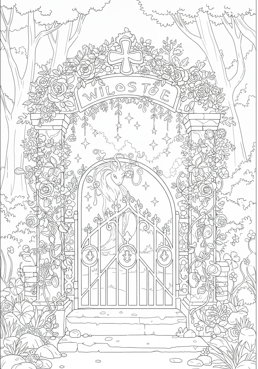 A free printable coloring page featuring an enchanted forest entrance gate with twisting vines, magical flowers, and a welcoming archway, perfect for kids.