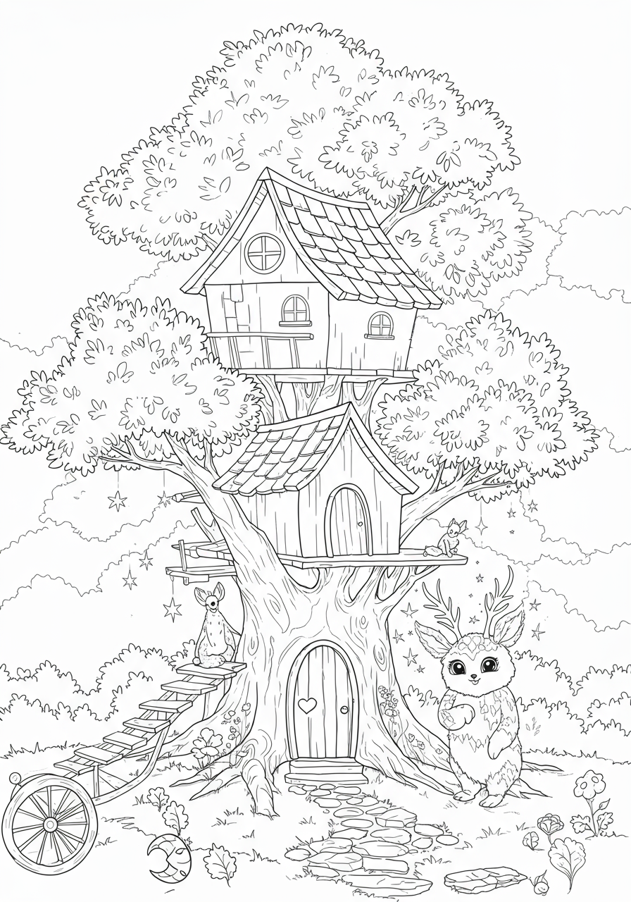 Free printable coloring page featuring an easy-difficulty enchanted treehouse village scene with whimsical treehouses, bridges, and forest details, perfect for kids.