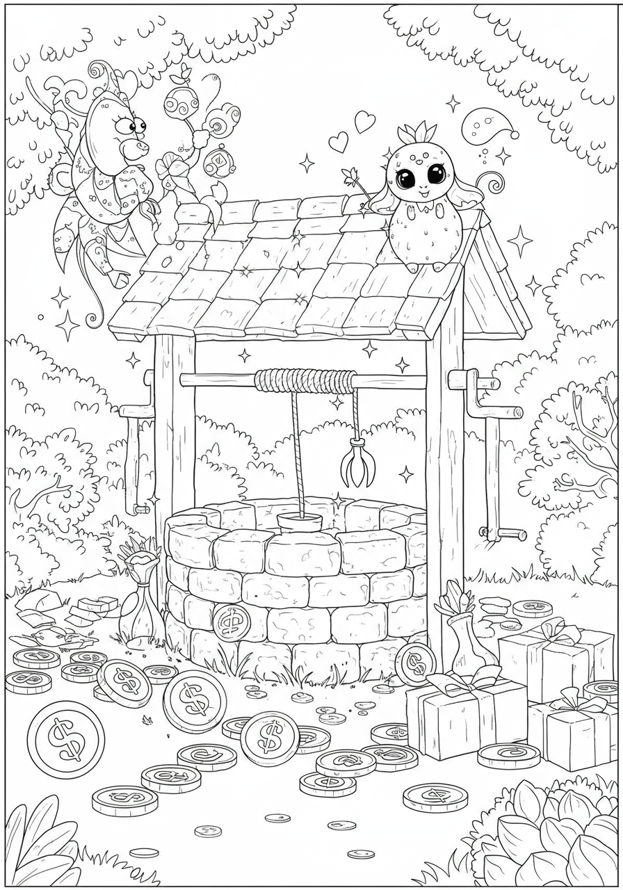 Free printable coloring page featuring an enchanted well surrounded by magical wishing coins, perfect for kids.