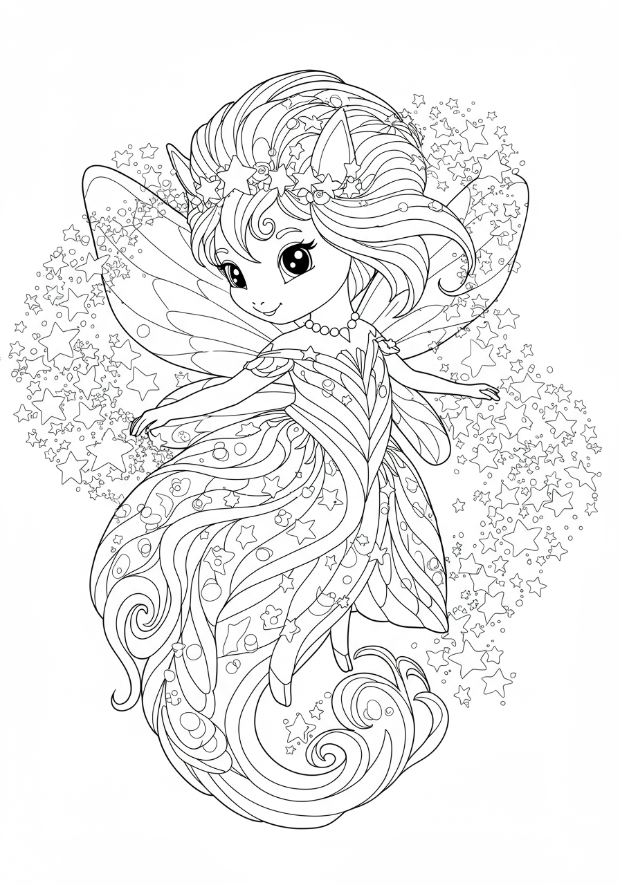 Free printable coloring page featuring swirling fairy dust and stars, designed for easy coloring by kids.