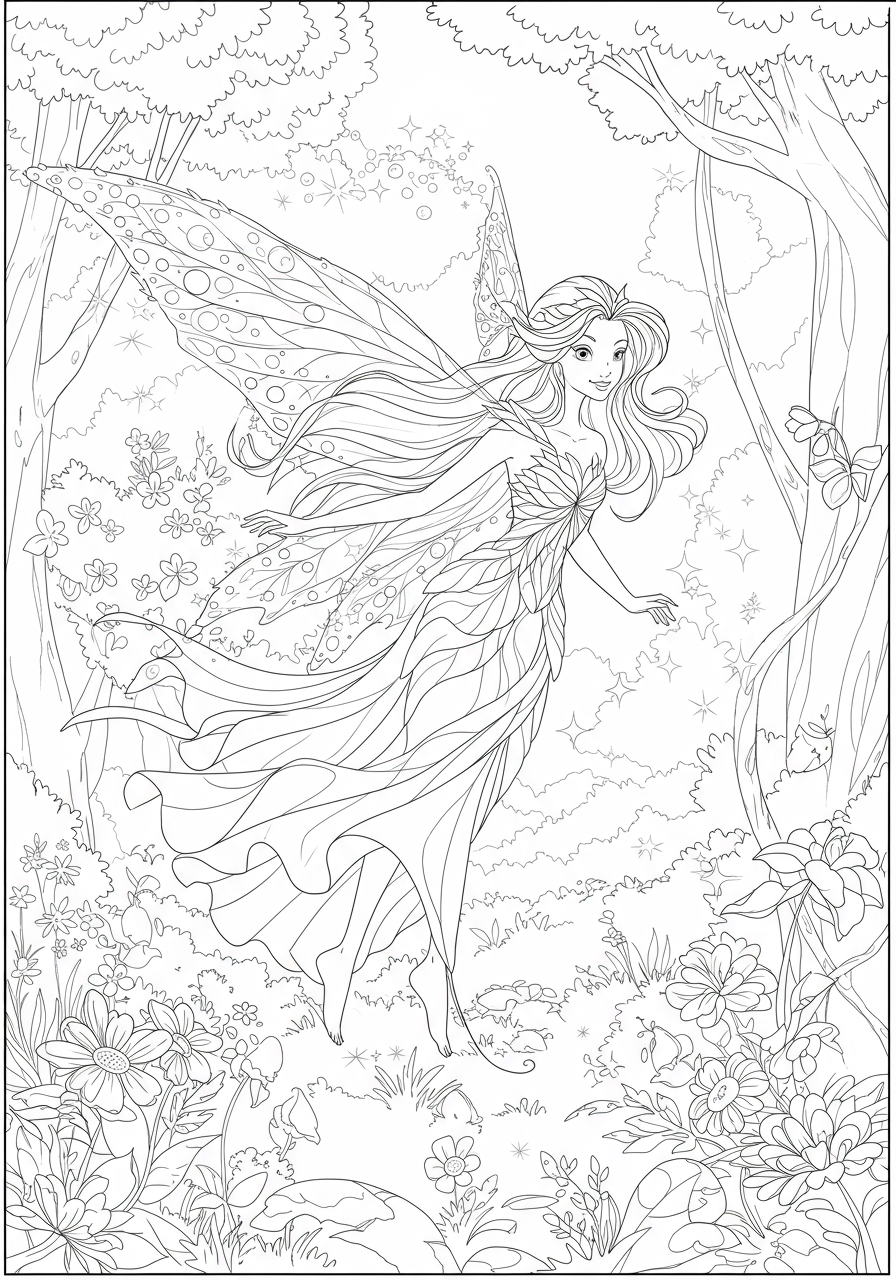 A free printable coloring page showing a graceful fairy with flowing hair and dress, flying through a whimsical forest with trees and flowers, suitable for children.