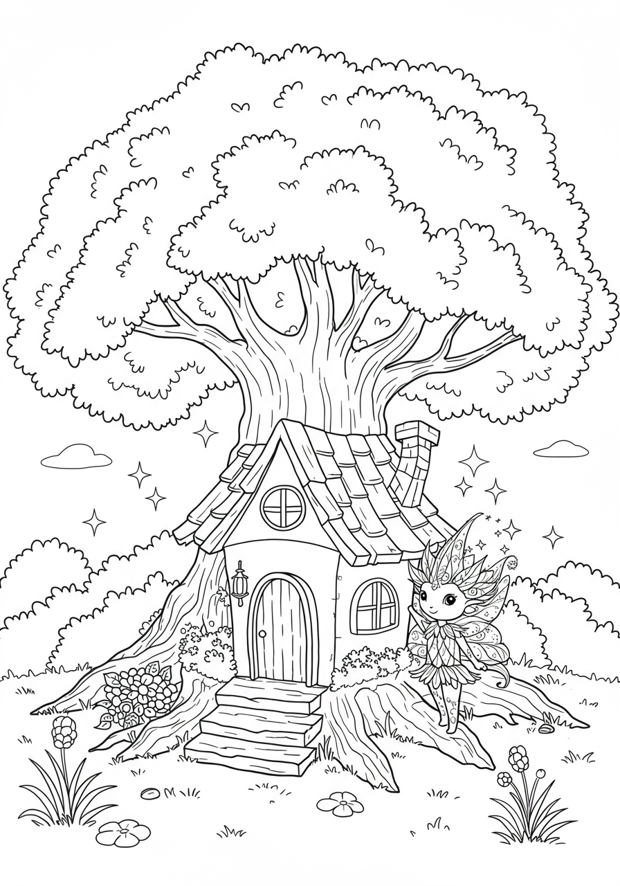 A charming free printable coloring page featuring a whimsical fairy house nestled within a large, friendly tree, perfect for kids to color.