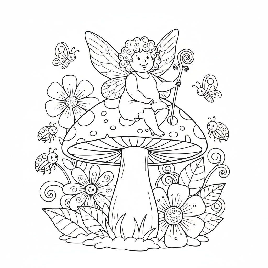A free printable coloring page depicting a cheerful fairy with delicate wings sitting on top of a giant, whimsical mushroom in a magical forest scene, ready for kids to color.