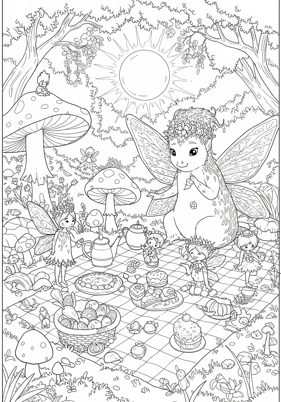 Free printable coloring page featuring a whimsical fairy picnic in a sunlit glade with tiny fairies, mushrooms, and delicious treats for kids.