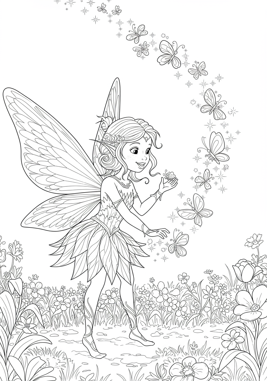 Free printable coloring page featuring a happy fairy with delicate wings playing with multiple butterflies in a magical garden scene, perfect for kids.