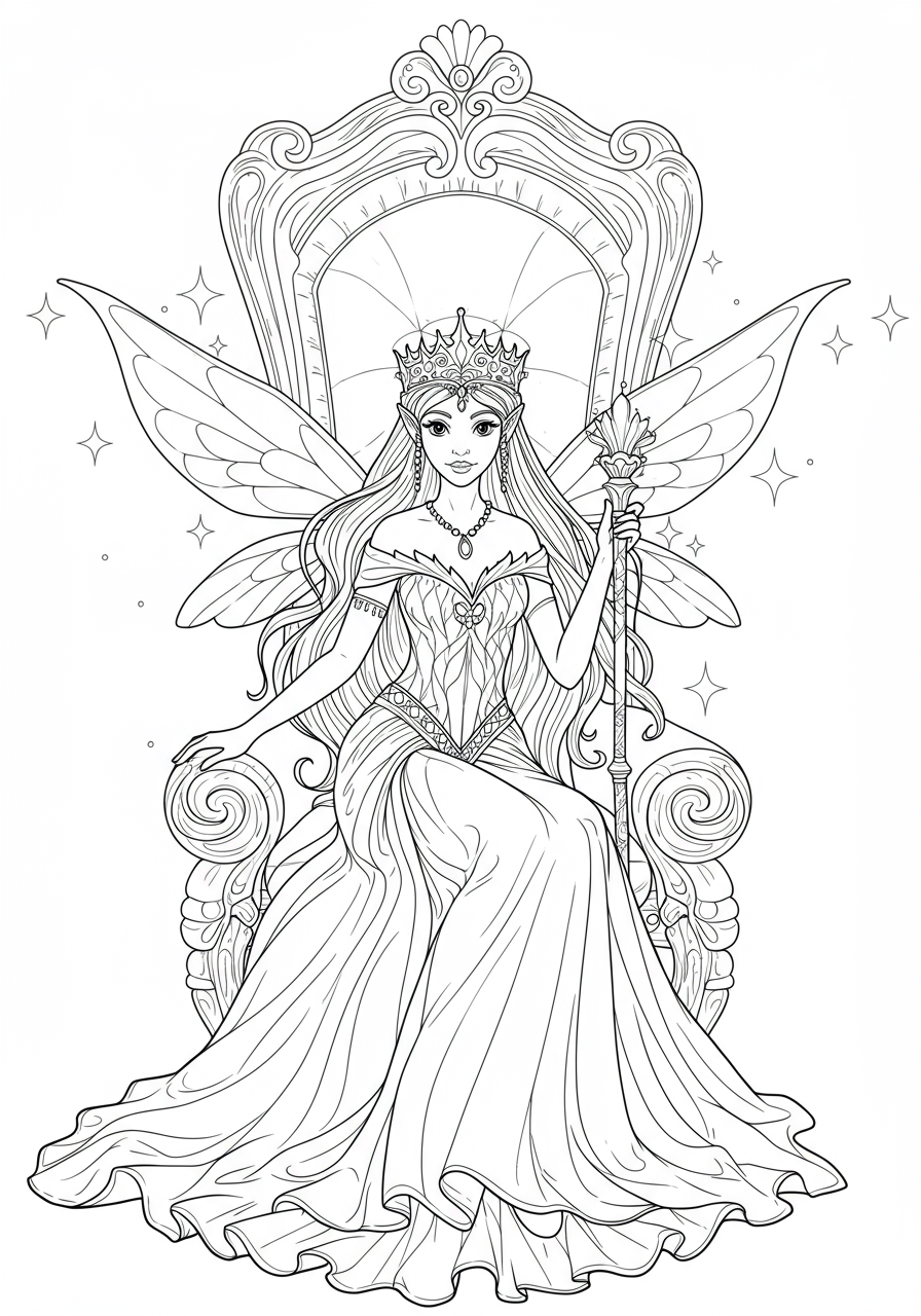 Free printable coloring page featuring a graceful Fairy Queen seated on an intricate throne, perfect for kids to color and explore fantasy themes.