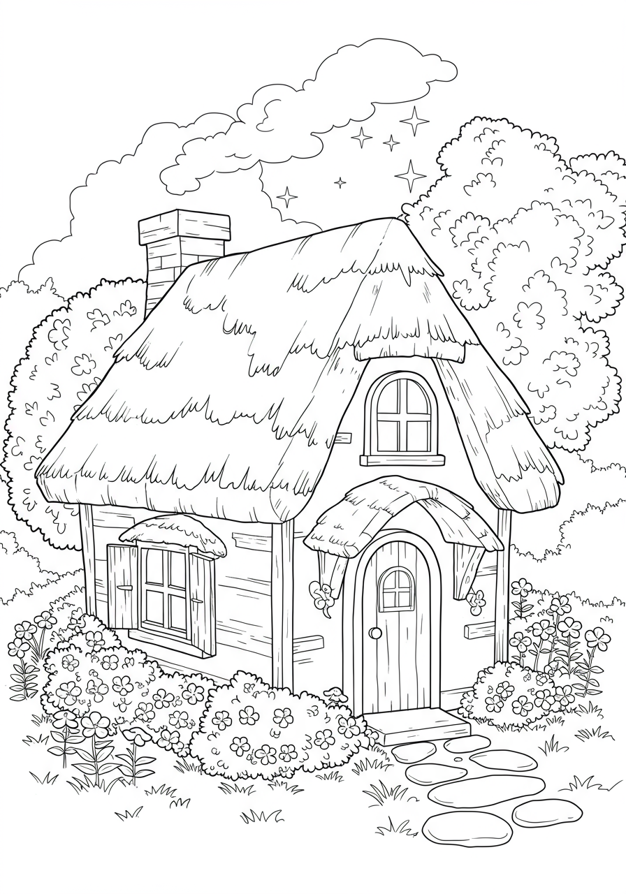 A free printable fairy tale cottage cozy coloring page showing a charming house with a thatched roof, smoking chimney, flower garden, and glowing windows, perfect for kids.